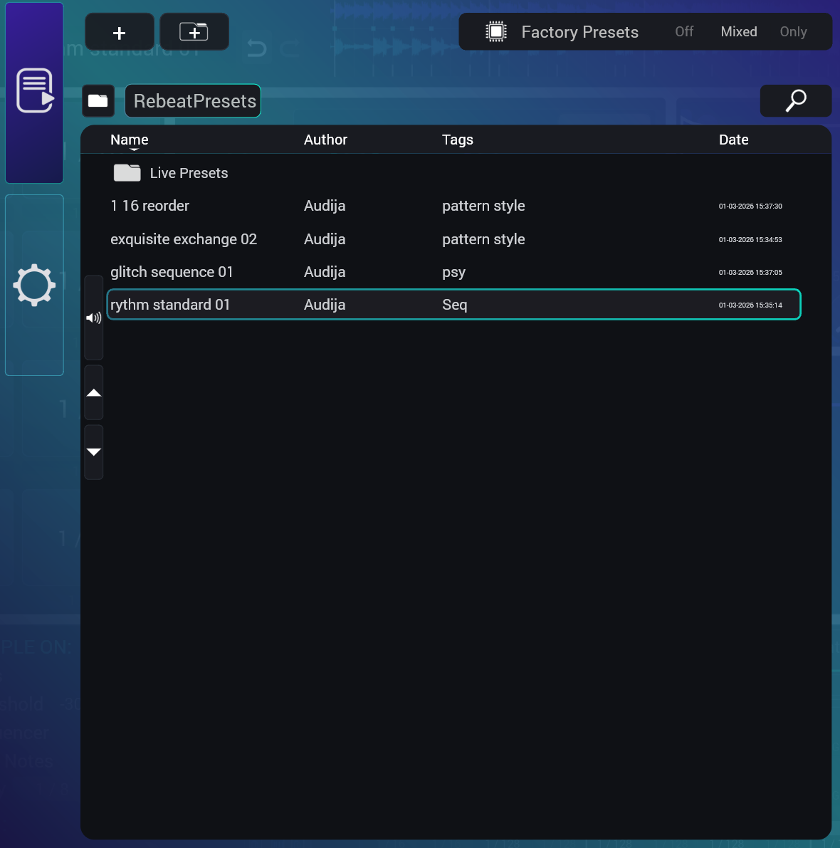Preset browser showing preset list