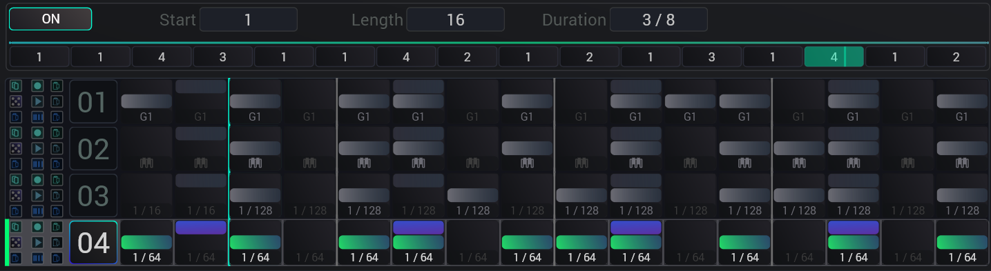 Step sequencer with 4 rows and 16 steps